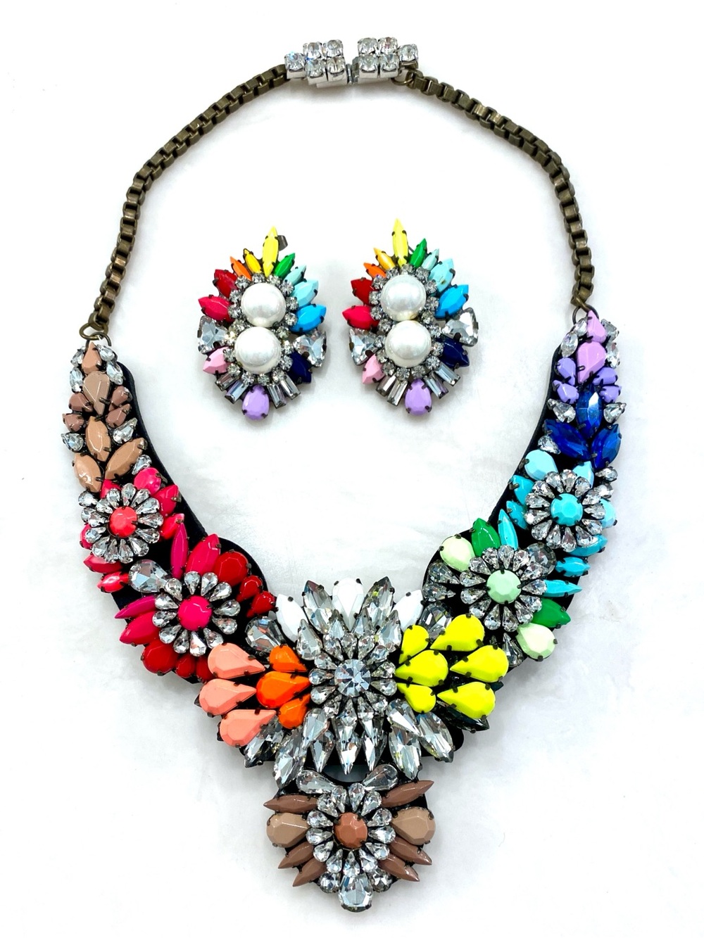 Bold Multicolor Crystal Floral Bib Necklace with Matching Earrings